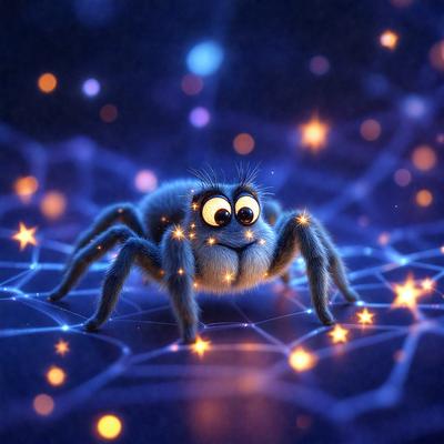 The primary subject of the image is a spider with googly eyes, sitting on a web. The setting is a dark, star-filled background, which adds a sense of mystery and intrigue to the scene. The visual style is a combination of photo and digital art, creating a unique and captivating image. The colors and mood are predominantly dark and mysterious, with the star-filled background providing a sense of depth and wonder.